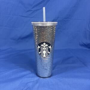 Starbucks 2017 Silver Sequin Tumbler Venti Cold Cup Clear Acrylic Used